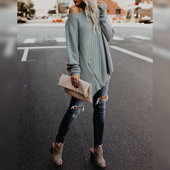 Asymmetrical Zipper Detail Loose Knit Sweater Blue - Picture 3 of 4